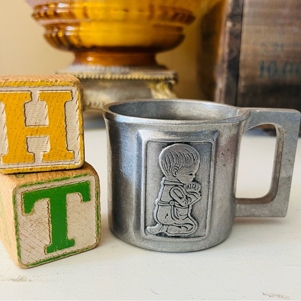 Vintage Pewter Child Praying Cup with Yellow and Green Blocks